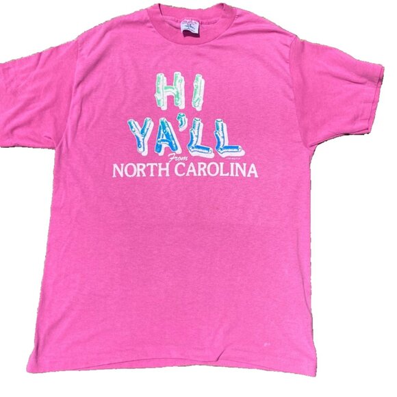 Vintage 90s Single Stitch Graphic Hi Ya'll NC T-Shirt Made in USA Size L Pink - Picture 3 of 15
